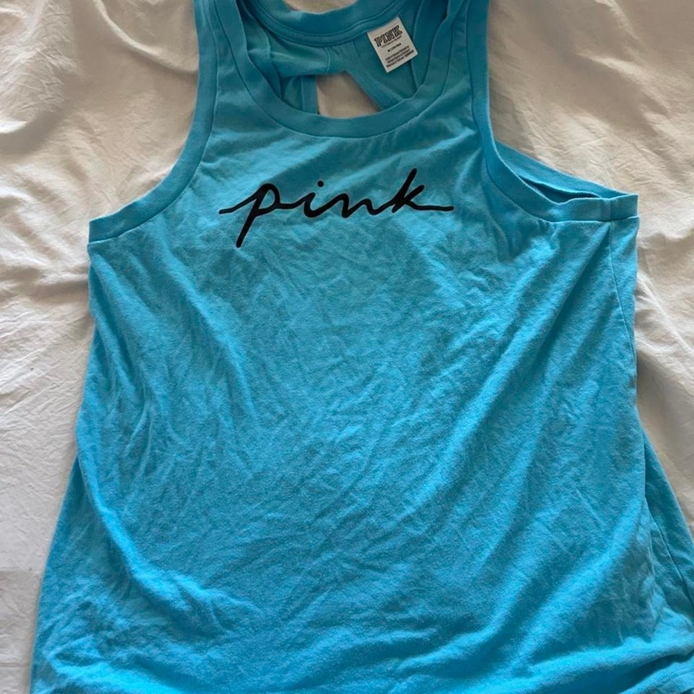 Victorias Secret PINK Bright Blue Script Logo Open Back Tank Top Medium
